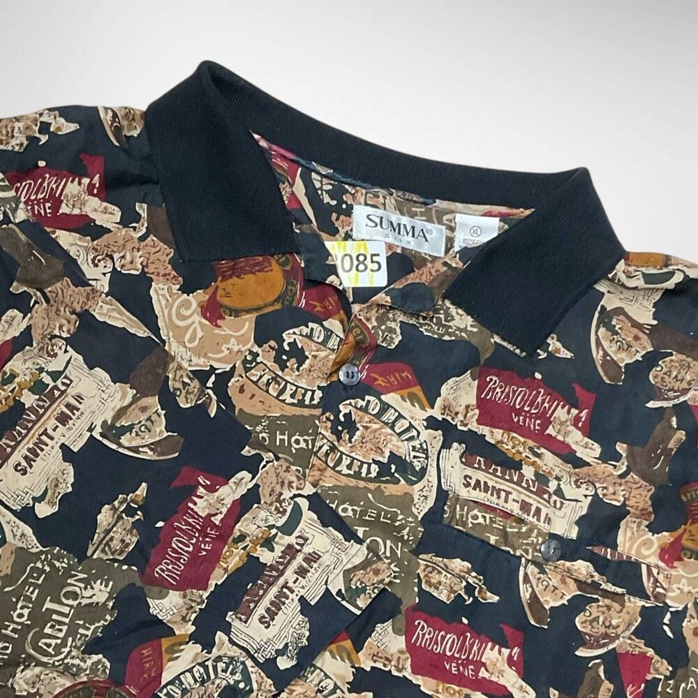 Vintage Summa Silk Hotel Carlton Print Button‎ Up Shirt Mens XL Short Sleeve
